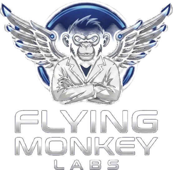 Flying Monkey Labs logo: a winged monkey in a lab coat